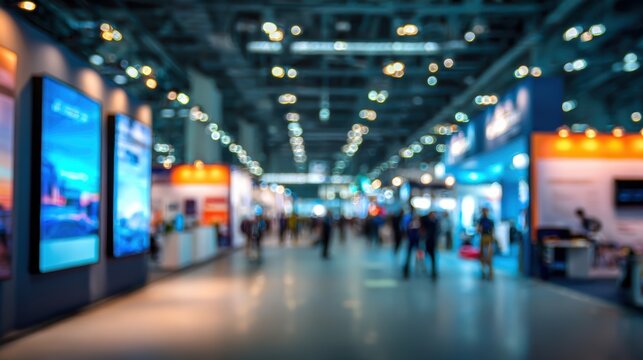 Blurred view of a modern trade show with vibrant displays and crowds interacting in a dynamic environment.