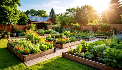 Obraz premium Lush vegetable garden with raised beds and beautiful flower borders in a backyard, gardening and agriculture concept