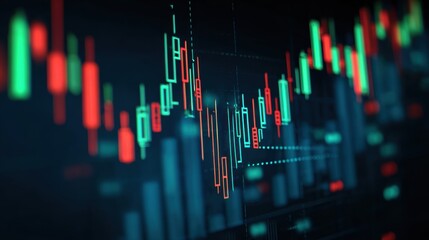 Detailed stock market analysis with colorful candlestick charts representing trends and trading data.