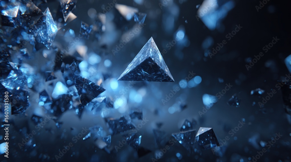 Poster dynamic blue crystal pyramids scatter in a mesmerizing display of light and motion, creating an abst