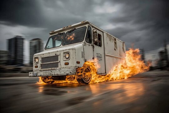 Food truck caught in fiery display during rainstorm on urban street