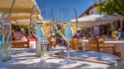 Two white wine glasses on outdoor restaurant table in daylight creating elegant relaxing dining atmosphere with reflections on glass surface and blurred background for romantic lunch or celebration