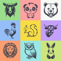 Obraz premium Vector set, square color icons. Graphic monochrome simple wild and farm animals. Sticker collection. Sheep, panda, bear, rooster, squirrel, cow, lion, owl and rabbit. Part 1