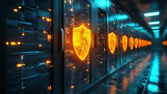 Row of servers in data center with security shields