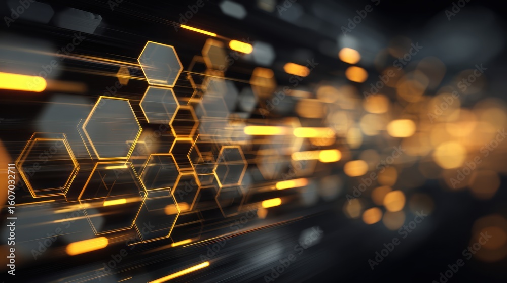 Poster futuristic abstract background with glowing hexagons and streaks of light, creating a dynamic tech v