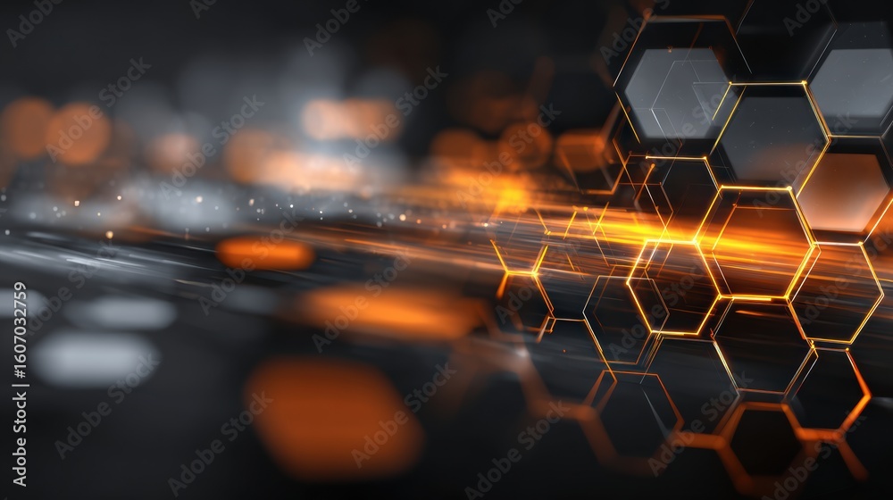 Poster futuristic abstract technology background with glowing hexagonal shapes and dynamic light patterns.