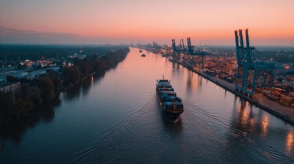 Ships navigate the river at sunset near bustling industrial port area
