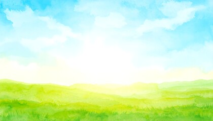 Obraz premium Abstract summer landscape watercolor background with blue sky, white clouds and green field, watercolor illustration for interior, flyers, poster, cover, banner, modern gradient painting by vita