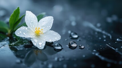 White Flower with Dew Drops on Dark Water