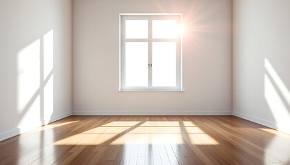 Fototapeta premium Bright Sunlight Streaming Through Window in Empty Room with Hardwood Floor, Minimalist Interior Design, Real Estate Photography