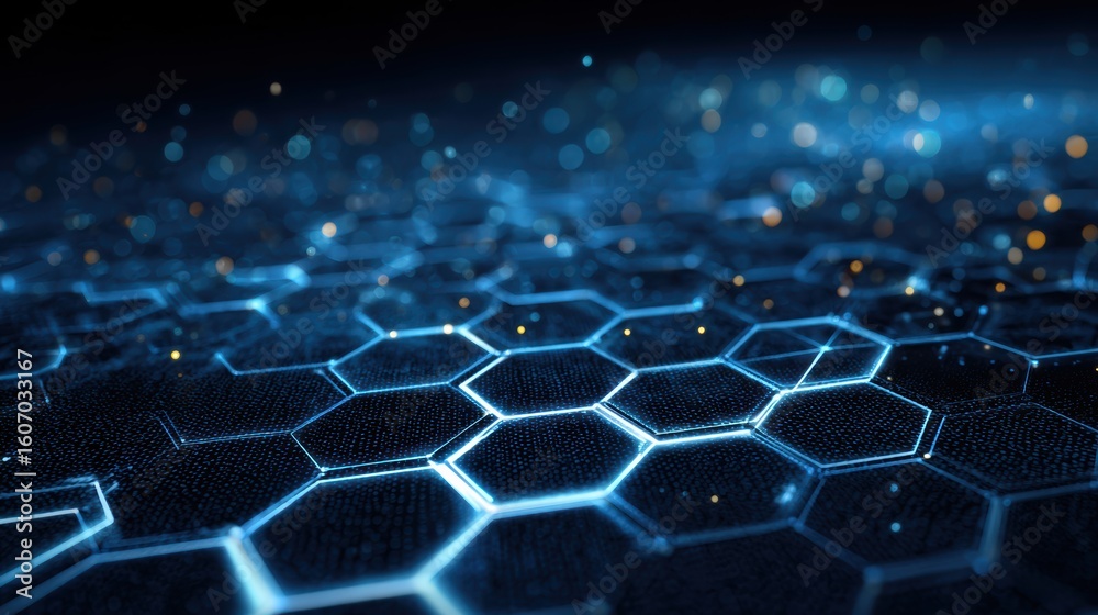 Poster futuristic hexagonal pattern with glowing lights, showcasing innovation and digital design in a tech