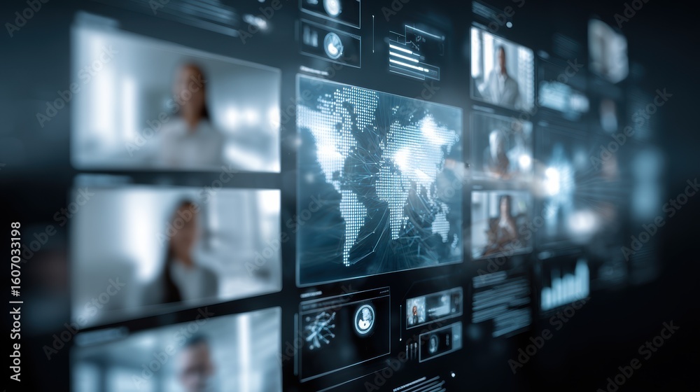 Poster futuristic interface displaying global connections and data analytics through digital screens.