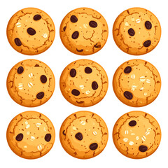 Set of nine illustrated oatmeal cookies with chocolate chips and a golden-brown, cracked surface.