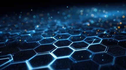 Obraz premium Futuristic hexagonal pattern with glowing lights, showcasing innovation and digital design in a tech-driven world.