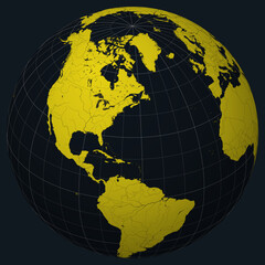 Bermuda on Globe. Country view on the world map in Charcoal Bright Yellow color palette. Bermuda shape on map. Globe with meridians, parallels, countries, rivers and lakes.
