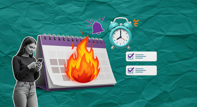 A woman manages her urgent schedule on her phone with a burning calendar, alarm clock, and checklist.