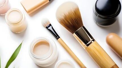 Overhead shot of a zero-waste organic cosmetics collection with a beauty blender, a bamboo brush, and a glass container filled with organic serum, placed on a neutral surface. Full frame .