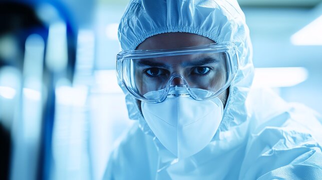 A scientist in protective radiation gear analyzing radioactive materials in a cleanroom, showcasing precision and safety.