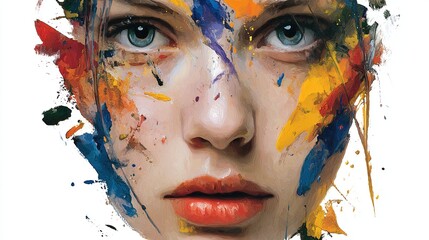 Woman's face covered with splashes of colorful paint, vibrant and expressive