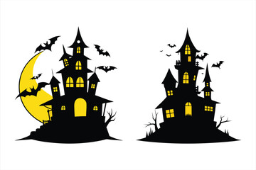 Silhouettes of two haunted houses with glowing windows and bats flying around a large moon, isolated on a white background