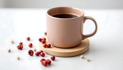 Cozy autumn morning coffee in blush pink mug with red berries on wooden coaster