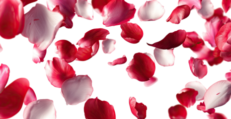 Rose petals, red and white, falling against black