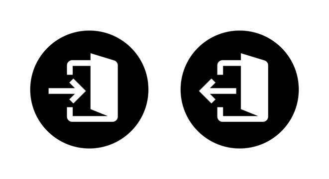 Account login and logout icon in black circle. Door with arrow symbol for enter and exit