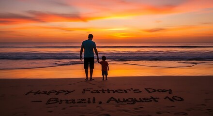 Father and son silhouette watching sunset on the beach celebrating father's day in Brazil and date