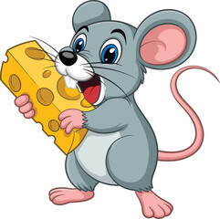 Happy cartoon mouse holding large cheese slice, cute smiling animal character for kids, fun rodent illustration with big ears and tail