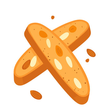 Two crossed Italian almond biscotti cookies, a crunchy golden-brown cantucci illustration with scattered crumbs.