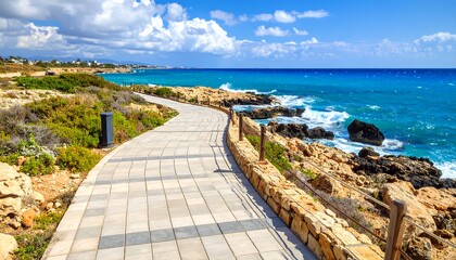 Obraz premium Coastal walkway meandering along a Mediterranean shore
