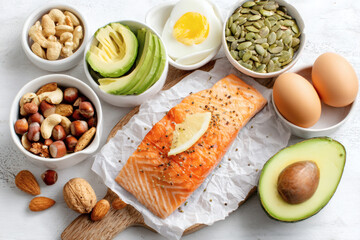 Keto food flat lay with salmon and healthy fats
