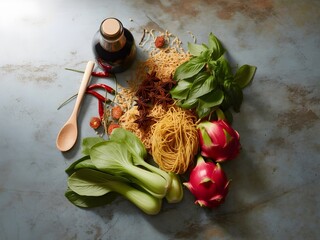 Varied food carbohydrates protein vegetables fruits dairy legumes on wood