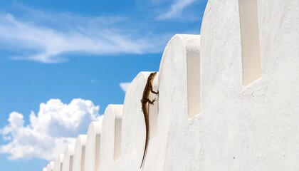 Lizard on a white wall under a vibrant sky