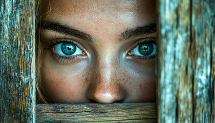 Close-up of a girl with striking blue eyes peering through a wooden fence