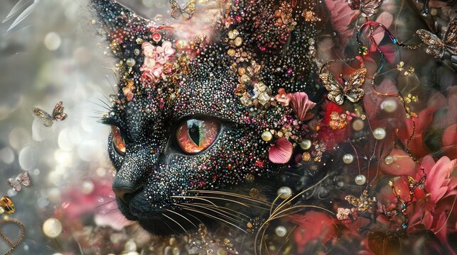 Abstract Cat in Masquerade. pop surrealism contemporary art. Sequin and beeds assambles. 