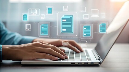Hands typing on laptop with digital document icons floating above