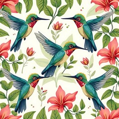 Naklejka premium Hummingbirds Flying Among Flowers and Leaves Seamless Pattern