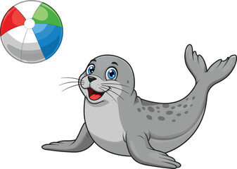 Playful cartoon seal balancing colorful beach ball, cute sea animal character for children illustration, fun marine design for education, entertainment