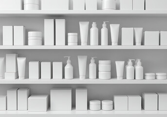 White shelves display a variety of blank, unlabeled cosmetic and skincare product containers, including tubes, bottles, jars, and boxes, arranged in a clean, minimalist setting.