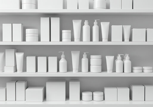 White shelves display a variety of blank, unlabeled cosmetic and skincare product containers, including tubes, bottles, jars, and boxes, arranged in a clean, minimalist setting.