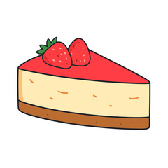 A cute cartoon slice of strawberry cheesecake with a glossy red topping, creamy filling, and two fresh strawberries.