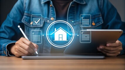 Person using tablet and stylus with smart home technology interface