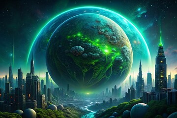 Vibrant Digital Earth Map Displaying Illuminated City Lights in a Futuristic Metropolis at Night