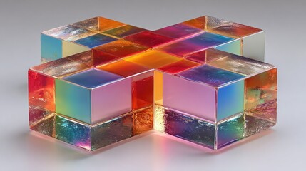 A geometric, cross-shaped crystal prism, reflecting rainbow light on a white background.