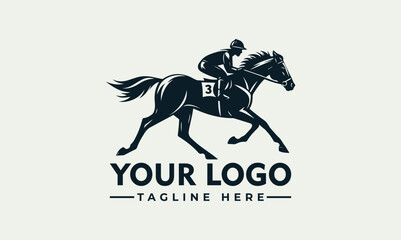 Silhouette of a racehorse with jockey, galloping at full speed, with logo text.