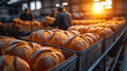 Fresh loaves of bread in crates, factory setting