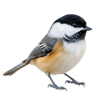 Black capped chickadee perched on a black background