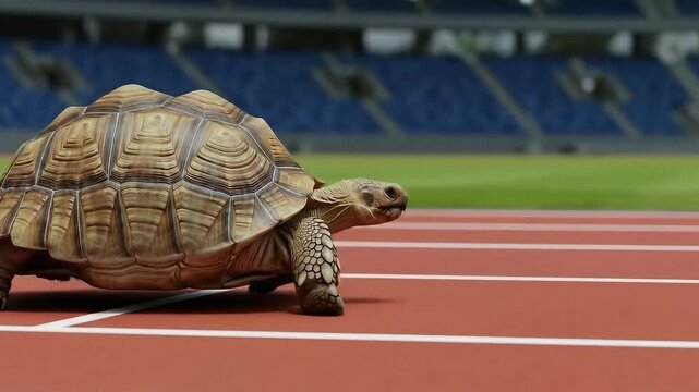 The timeless fable of the tortoise and the hare is vividly depicted with a steady and determined tortoise competing against a swift white rabbit on a red stadium racetrack

