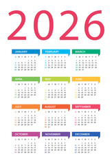 2026 year calendar - vector Illustration. Week starts on Sunday